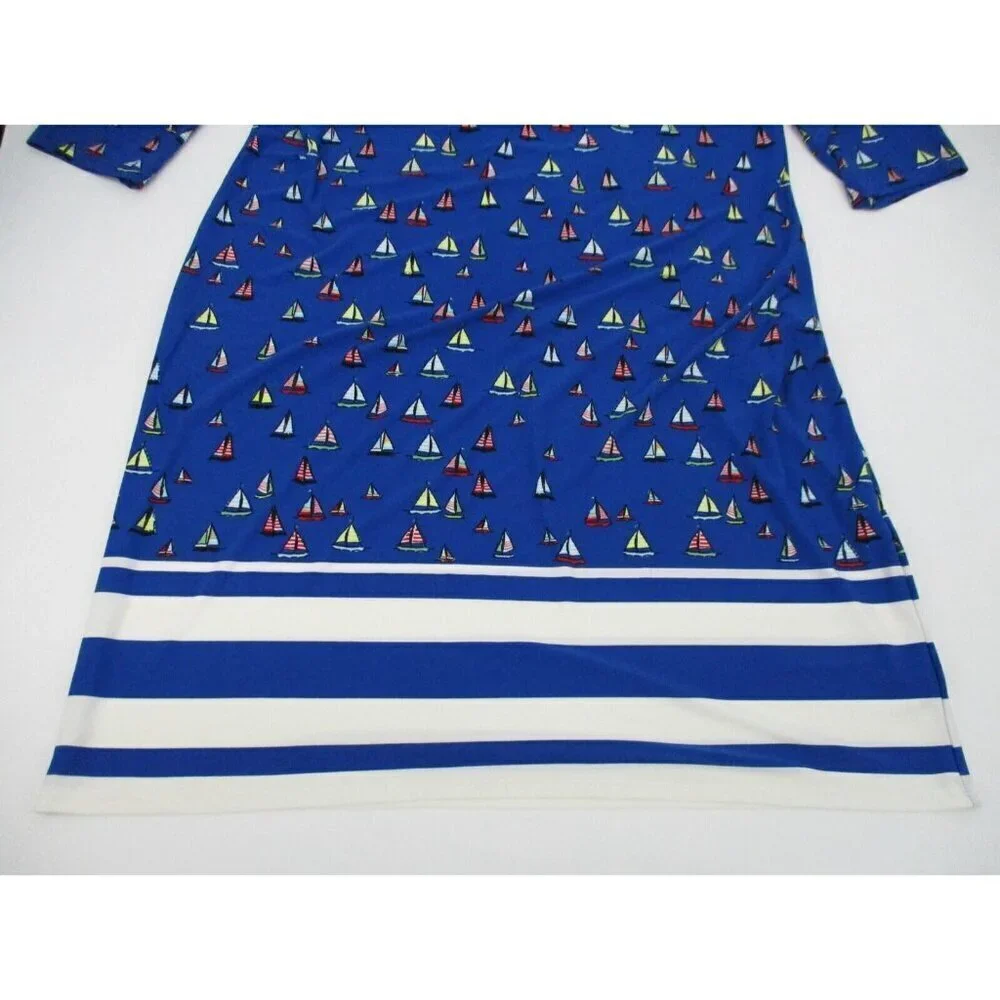 Leota Womens Dress 1X Long Blue Preppy Nautical Ships Boats Stretch Pullover